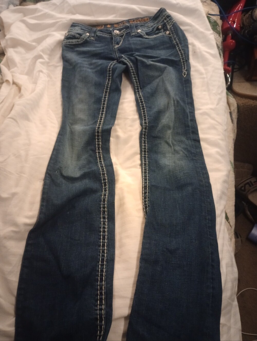 Rock Revival Women's Dark Blue Bootcut Jeans with White Contrast Stitching